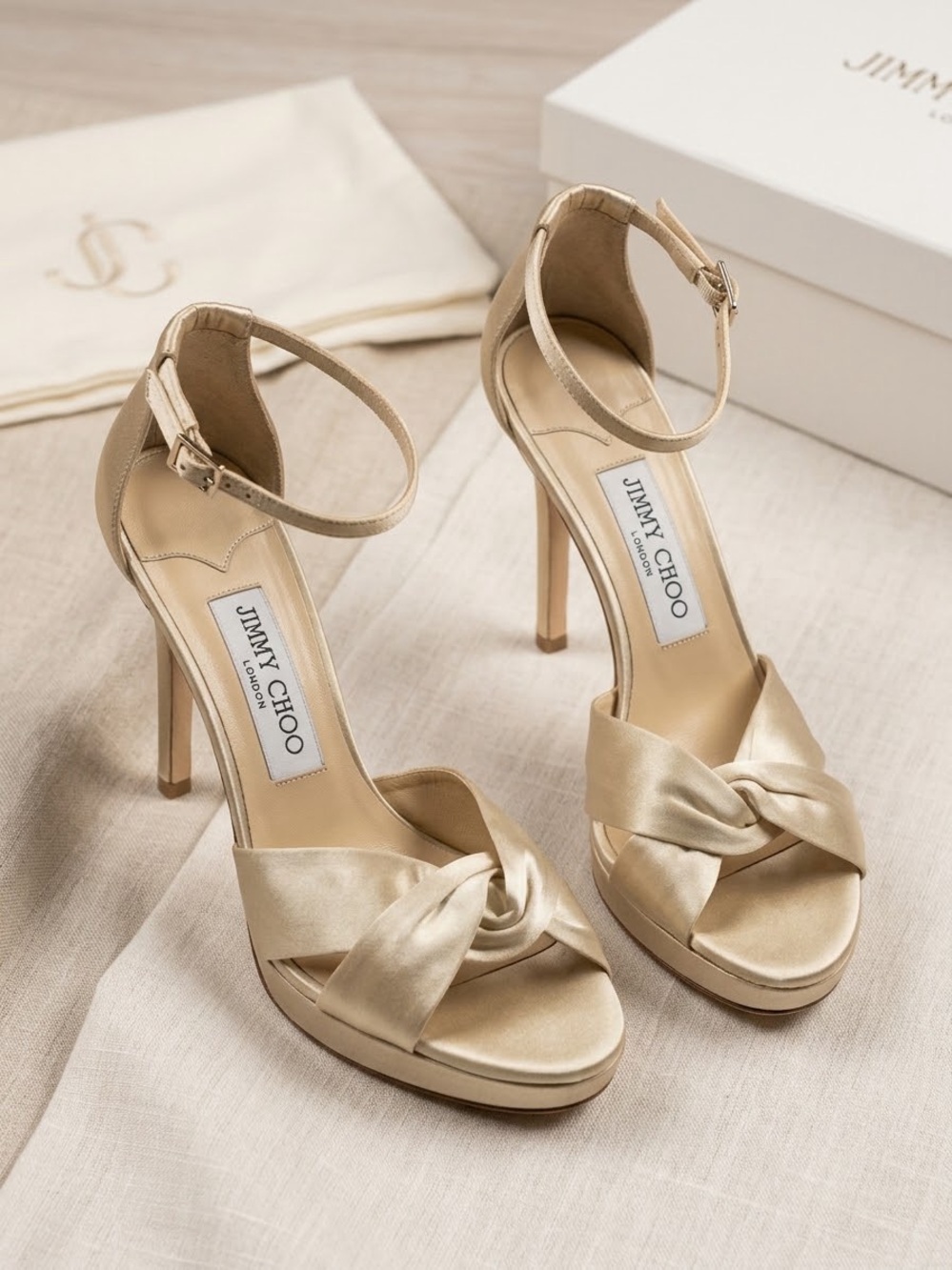 Jimmy Choo Champagne Satin Knotted Ankle-Strap Platforms